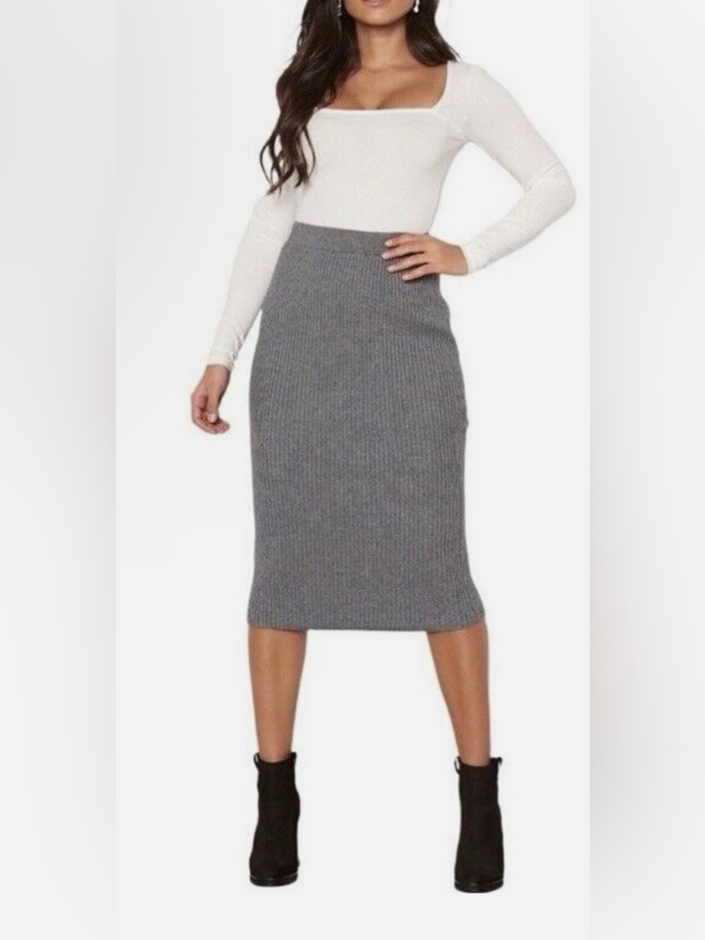 House of Harlow 1960 Gray Ribbed Knit Midi Skirt, sz Small